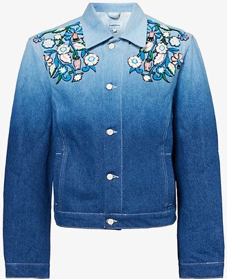 Mens Indigo Floral-appliqué Gradient Denim Jacket