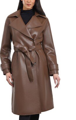 Women's Petite Faux-Leather Belted Trench Coat