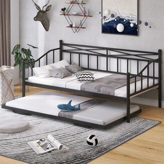 IGEMAN Twin Size Metal Daybed with Twin Size Adjustable Trundle, Guest Room Metal Platform Bed with Portable Folding Trundle, Black