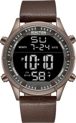 Men's Digital Brown Synthetic Leather Strap Watch, 47mm