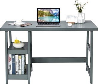 Tangkula Trestle Computer Desk Indoor Office Workstation for Home Office with 2-Tier Storage Shelves Gray