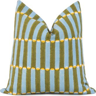 Schumacher Luna Khaki Turquoise Block Print Throw Pillow Cover With Gold Zipper For Couch, Molly Mahon Wood By Hand, Euro Sham Cases