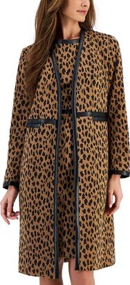 Petite Animal-Print Faux-Leather-Trim Open-Front Jacquard Jacket