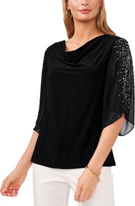 Petites Womens Embellished Cowl Neck Pullover Top