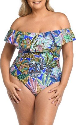 Neon Ruffle Off the Shoulder One-Piece Swimsuit