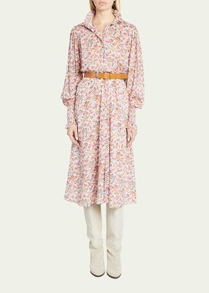 Galoa Floral Collared Long-Sleeve Midi Dress