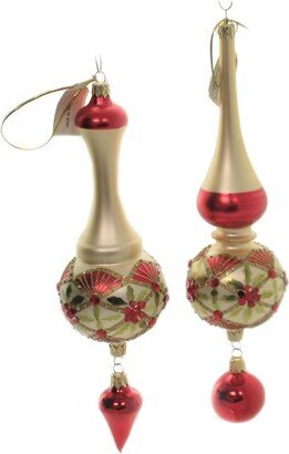 Christina's World Set Of 2 Holly Diamonds - Set Of Two Hand Painted Drop Glass Ornaments 11.0 Inches - Christmas Drop Leaves - Vet813 - Glass