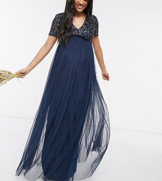 Bridesmaid short sleeve maxi tulle dress with tonal delicate sequins in navy-AA