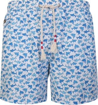 White/ Light Blue Sharks Print Swim Shorts By Mc Saint Barth