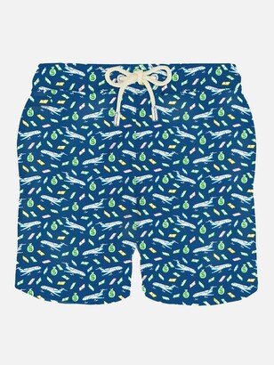 Man Light Fabric Swim Shorts With Money And Planes Print