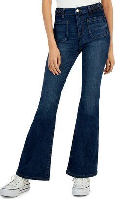 Juniors' Braided-Waist Patch-Pocket Flare Jeans