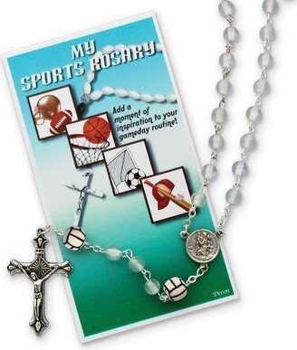 Curata Girls White Cats Eye and Ceramic Volleyball Beads Silver-Tone Sports Rosary