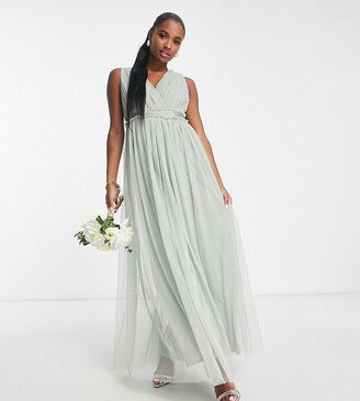 Anaya Petite Bridesmaid v neck ruffle waist maxi dress in sage green