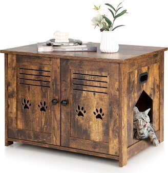 Tangkula Little Cat Box Enclosure Nightstand Cat House w/ Double Doors