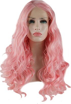 Unique Bargains Long Body Wave Lace Front Wigs for Women with Wig Cap 24 Bright Pink Synthetic Fibre 1PC