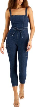 Juniors' Belted Denim Jumpsuit with Ruffle