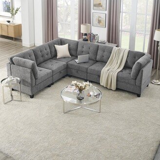 GEROJO Grey 6 Pieces Chenille Modular Sectional Sofa with DIY Combination, Spacious Furniture, Copper Nail Inlay, and Bonus Storage