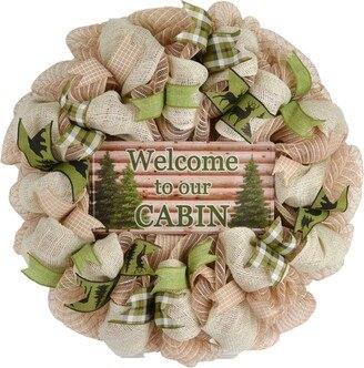 Welcome To Our Cabin Wreath, Rustic Burlap Decor, Outdoor Front Door Gift For Friend, Green Moss Ivory Jute