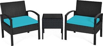 3PCS Patio Rattan Furniture Set Coffee Table & Chairs Set with Seat Cushions Garden - Turquoise/Aqua