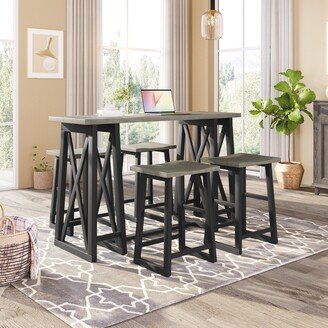 Wood Console Table Set with 4 Stools