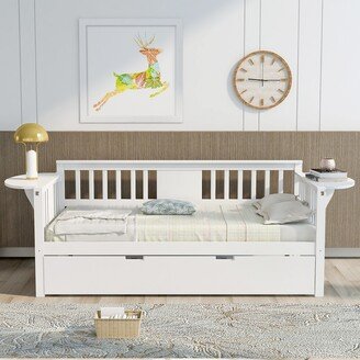 EDWINRAY Twin Size Daybed with Trundle Bed, Wooden Sofa Bed for Bedroom Living Room, Wood Platform Bed Frame for Kids Teens Guests, White