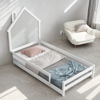 IGEMAN Twin Size Wood Floor Bed with Fences, House-shaped Headboard, Platform Bed with Guardrails-AA