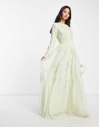 Bridesmaid pearl embellished long sleeve maxi dress with floral embroidery in sage