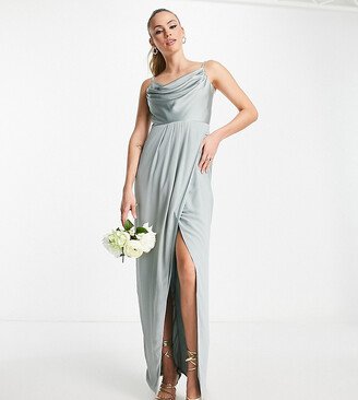 TFNC Tall Bridesmaid draped satin maxi dress in sage green