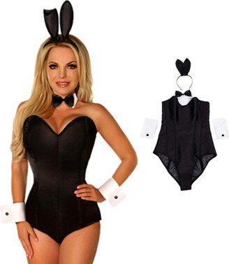 KHDFYER Sexy Lingerie Sexy 4Pcs/Set Sexy Black Bunny Uniforms Temptation Bodysuit Bunny Sexy Lingerie Costumes Bunny Girl Nightclub Party Wear-Black_S