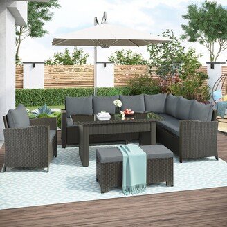 TOSWIN Outdoor Patio Furniture Sectional Sofa Set with Dining Table, Chairs, Bench, Comfortable Cushions