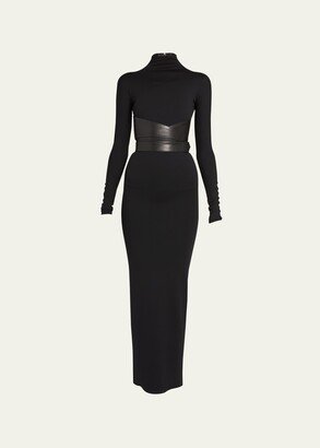 Turtleneck Maxi Dress with Wrap Leather Belt