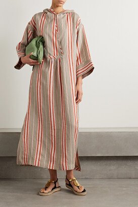 Oversized Striped Hooded Linen Maxi Dress - Orange