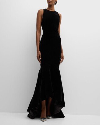 High-Low Ruffle-Hem Velvet Mermaid Gown