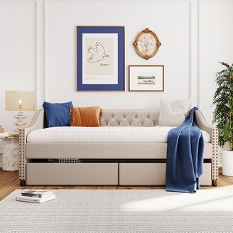 TOSWIN Full Size Upholstery Daybed with 2 Drawers, Solid Wood Bedframe, No Need Spring Box-AA