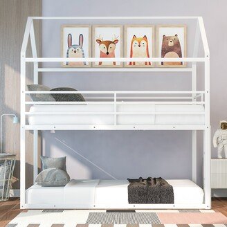 EDWINRAY Twin over Twin Metal House Bunk Beds with Built-in Ladder for Kids, White