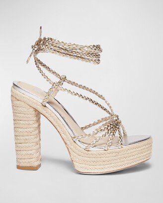 Braided Metallic Ankle-Strap Platform Espadrilles