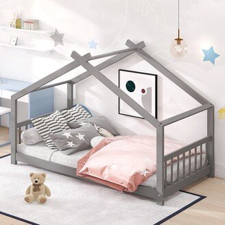 Calnod Wood House Bed Twin Size - Playhouse Design, Sturdy Frame