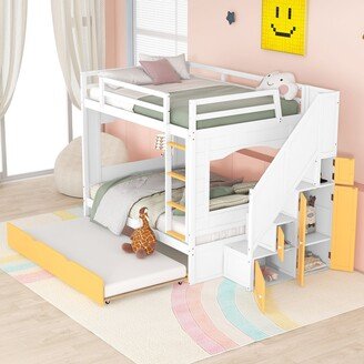 EDWINRAY Full Over Full Solid Wood Bunk Bed with Trundle ,Stairs,Ladders & Storage Cabinet, White+Yellow