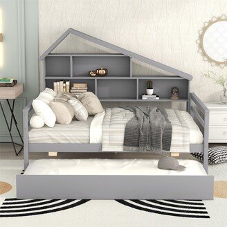 Full Size Platform Bed with Trundle and Shelves, White/Grey