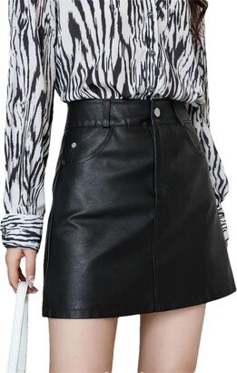 Pulcykp Women Faux Leather PU Skirts for Autumn Winter Vintage A-Line Wrap Mini Casual Skirts Black S