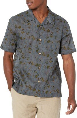 mens Men's Aloha Fit in Fruit Print- Flora Sketches - Grey Blue Button Down Shirt