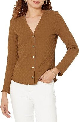 Chess Check Classic V-Neck Cardigan (Sepia) Women's Sweater