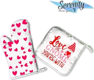 Valentine's Day Home Decor | Decorative Kitchen Hot Plate Pot Holder Oven Mitt Set Valentines Pink Hearts Gnome Mit