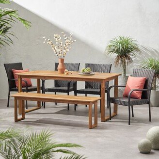 Nibley Outdoor Acacia Wood and Wicker Dining Set