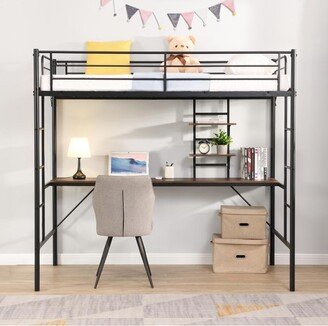 Calnod Metal Twin Loft Bed with Desk & Shelves