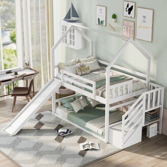 Twin over Twin House Bunk Bed with Convertible Slide and Storage Staircase, White