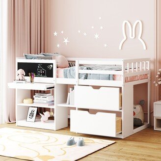 RASOO Twin Size Low Loft Bed with Rolling Desk, Blackboard, Bookshelf and Storage Drawers-AA