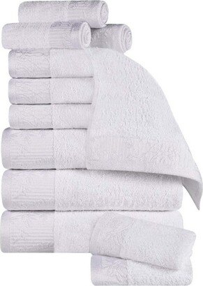 100% Cotton Medium Weight Floral Border 12 Piece Assorted Bathroom Towel Set, White-White - Blue Nile Mills