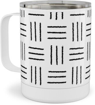 Travel Mugs: Mudcloth Basket Weave - Black On White Stainless Steel Mug, 10Oz, White