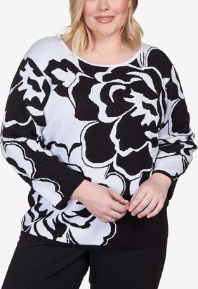 Plus Size World Traveler Drama Floral Jacquard Scoop Neck Sweater